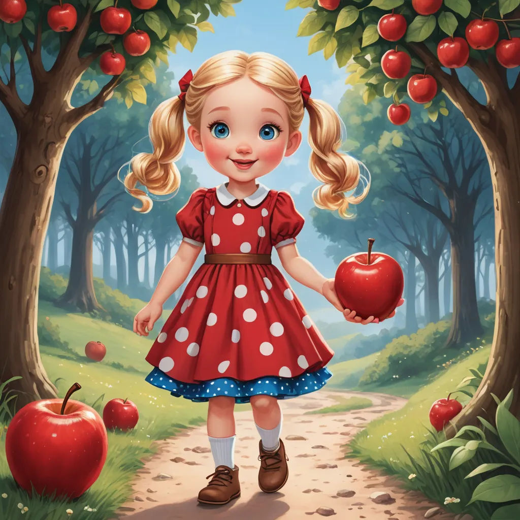 a little girl holding an apple in a forest with apples on the ground and trees around her, with a path leading to the apple trees, pop surrealism, a storybook illustration, Alice Prin, storybook illustration