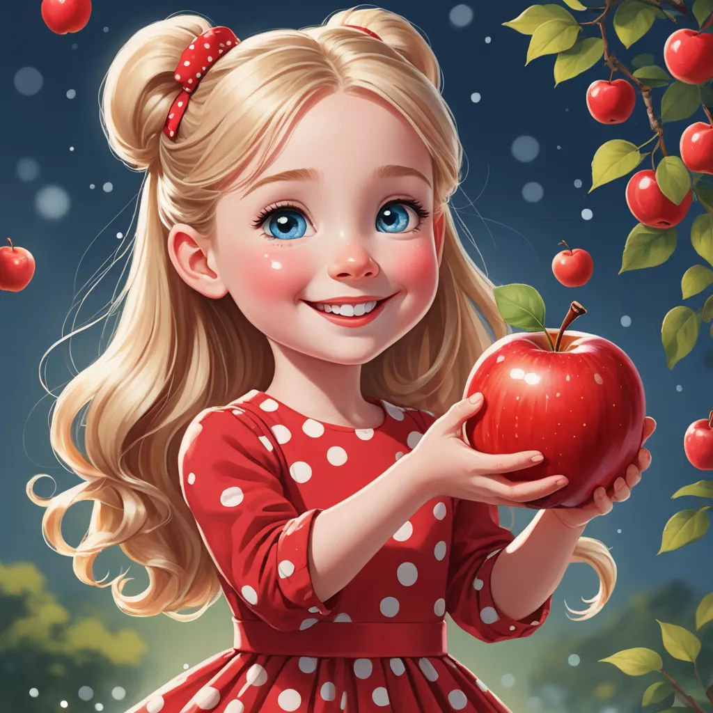 a painting of a little girl holding an apple in her hand and smiling at the camera with a blue sky behind her, fantasy art, a detailed painting, Alice Prin, highly detailed digital painting