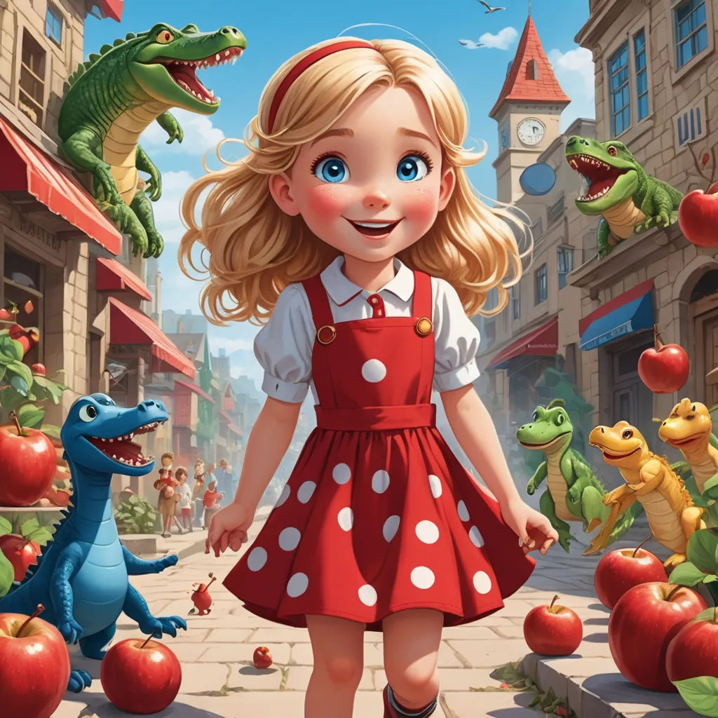 a girl in a red dress standing in front of a bunch of dinosaurs and apples in a city street, lyco art, a storybook illustration, Cliff Childs, promotional image
