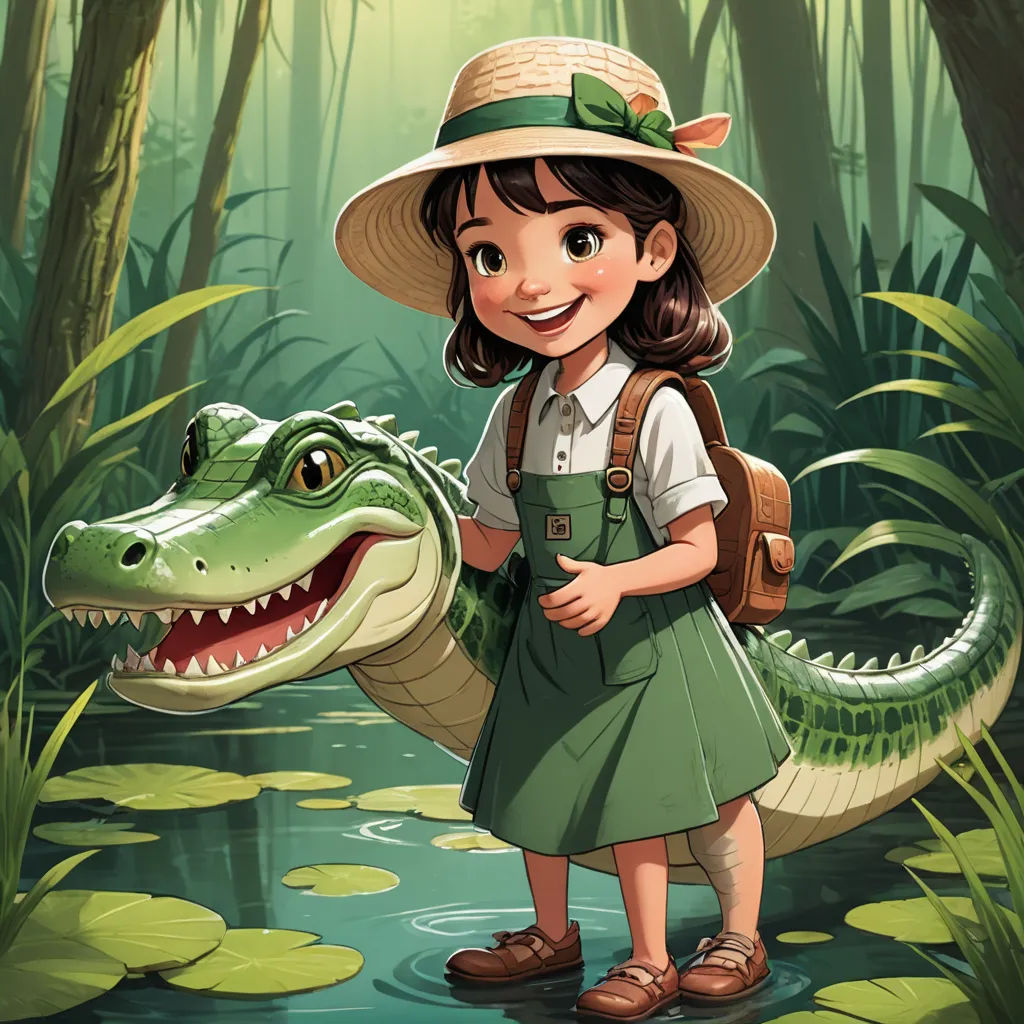 a girl with a backpack and a crocodile in a swampy area with lily pads and a green hat, naturalism, a storybook illustration, Diego Gisbert Llorens, storybook illustration