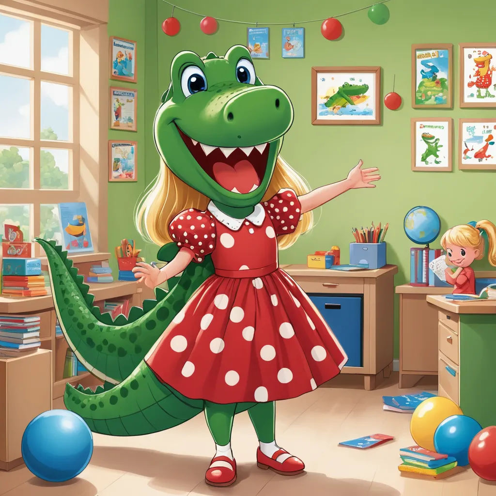 a girl in a red dress is standing in a room with a crocodile costume on and a green wall, naive art, a storybook illustration, Andries Stock, storybook illustration