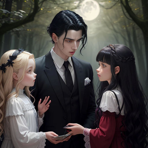 a couple of people standing next to each other in a forest with trees and a moon in the sky