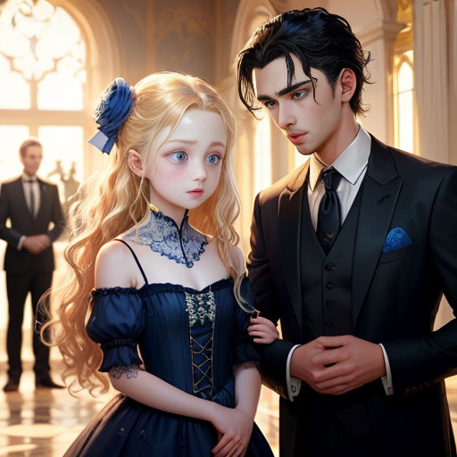 a man and a woman in formal wear standing next to each other in a room with a window and a man in a suit