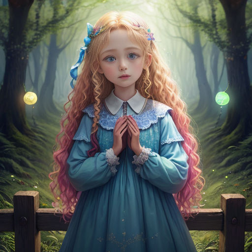 a painting of a girl in a blue dress standing in front of a forest with a light shining on her