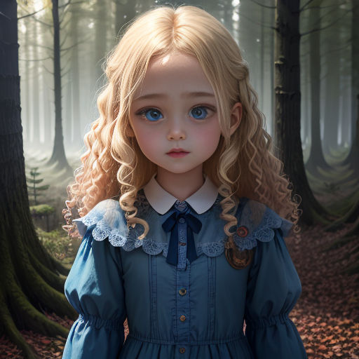 a little girl with blonde hair and blue eyes standing in a forest with trees and leaves on the ground