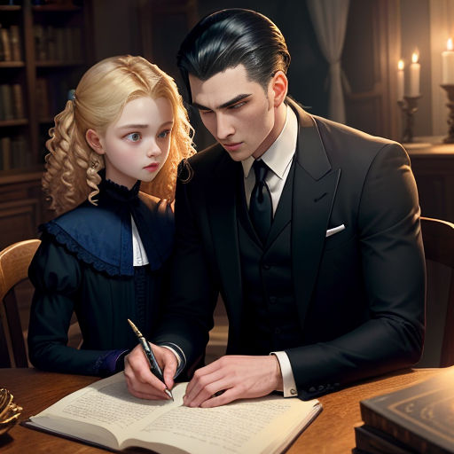 a man and a woman sitting at a table writing in a book together, with candles in the background