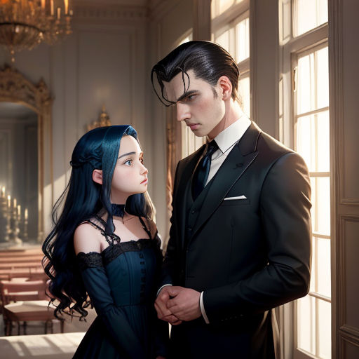 a man and a woman dressed in black standing next to each other in a room with chandeliers