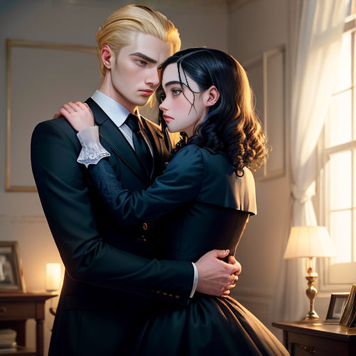 a man and woman are hugging in a room with a window behind them and a lamp on the table