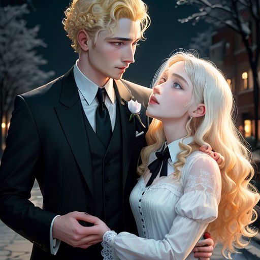 a man and a woman dressed in formal wear standing next to each other in a street at night time