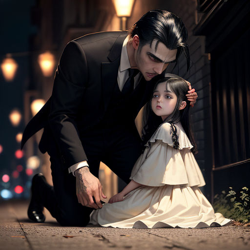 a man kneeling down next to a little girl in a dress and tie on a sidewalk at night time