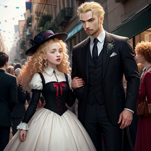 a man and a woman dressed in victorian clothing on a street corner with people in the background wearing fancy clothing