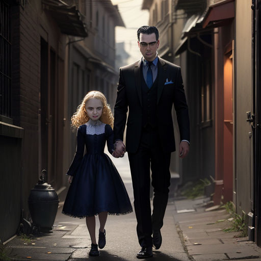 a man and a little girl walking down a street holding hands and looking at the camera with a serious look on their face