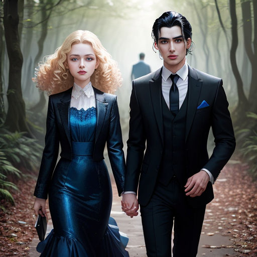 a man and a woman walking down a path in a forest holding hands and looking at the camera with a man in a suit and tie