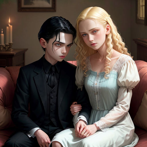 a man and a woman sitting on a couch next to each other in a room with candles on the walls