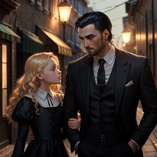 a man and a little girl standing in a street next to each other wearing black suits and ties and a white shirt