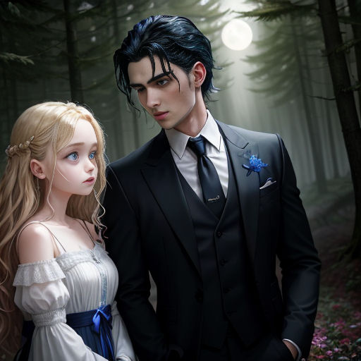 a man and a woman dressed in formal wear in a forest at night with a full moon in the background