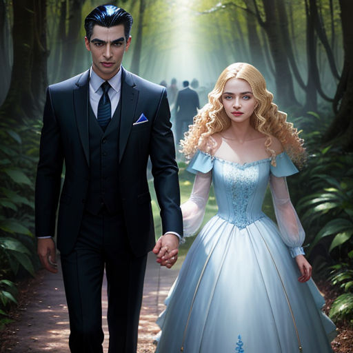 a man and a woman dressed in formal wear walking through a forest holding hands and looking at the camera