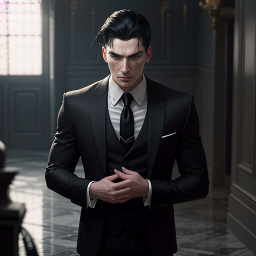 a man in a suit and tie standing in a room with a clock on the wall and a window