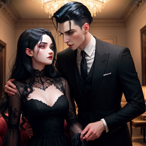 a man and a woman dressed in black standing next to each other in a room with chandeliers