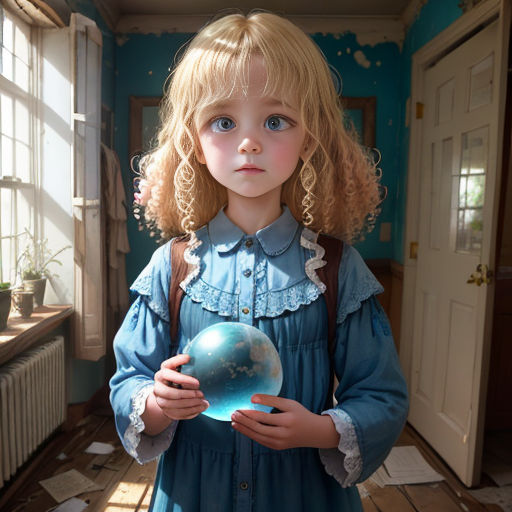 a little girl holding a blue ball in her hands in a room with a blue wall and a window