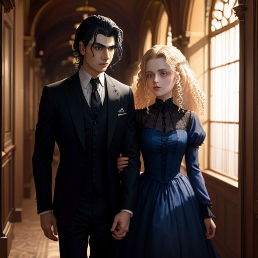 a man and a woman dressed in formal wear standing next to each other in a hallway with a clock on the wall