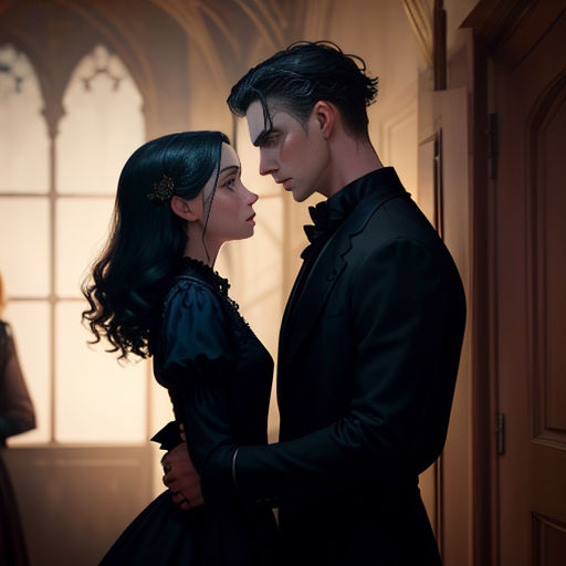 a man and a woman standing next to each other in a room with a window and a door in the background