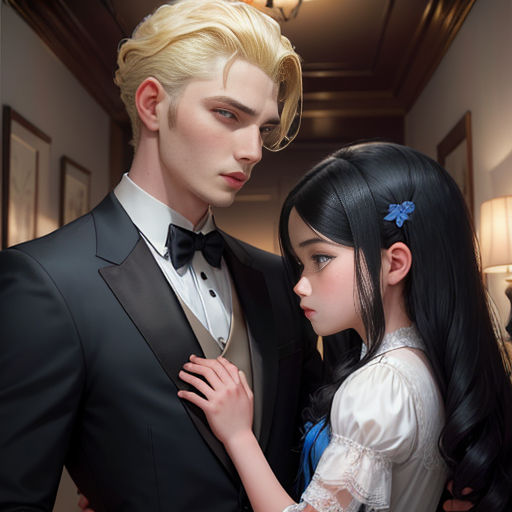 a man and a woman dressed in formal wear standing next to each other in a hallway with a chandelier