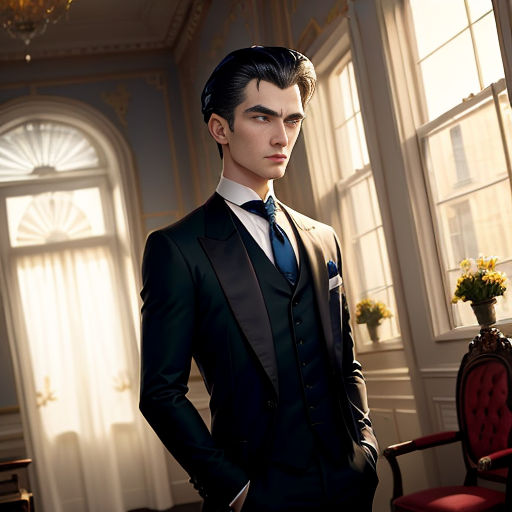 a man in a suit standing in a room with a chandelier and a chair in front of him