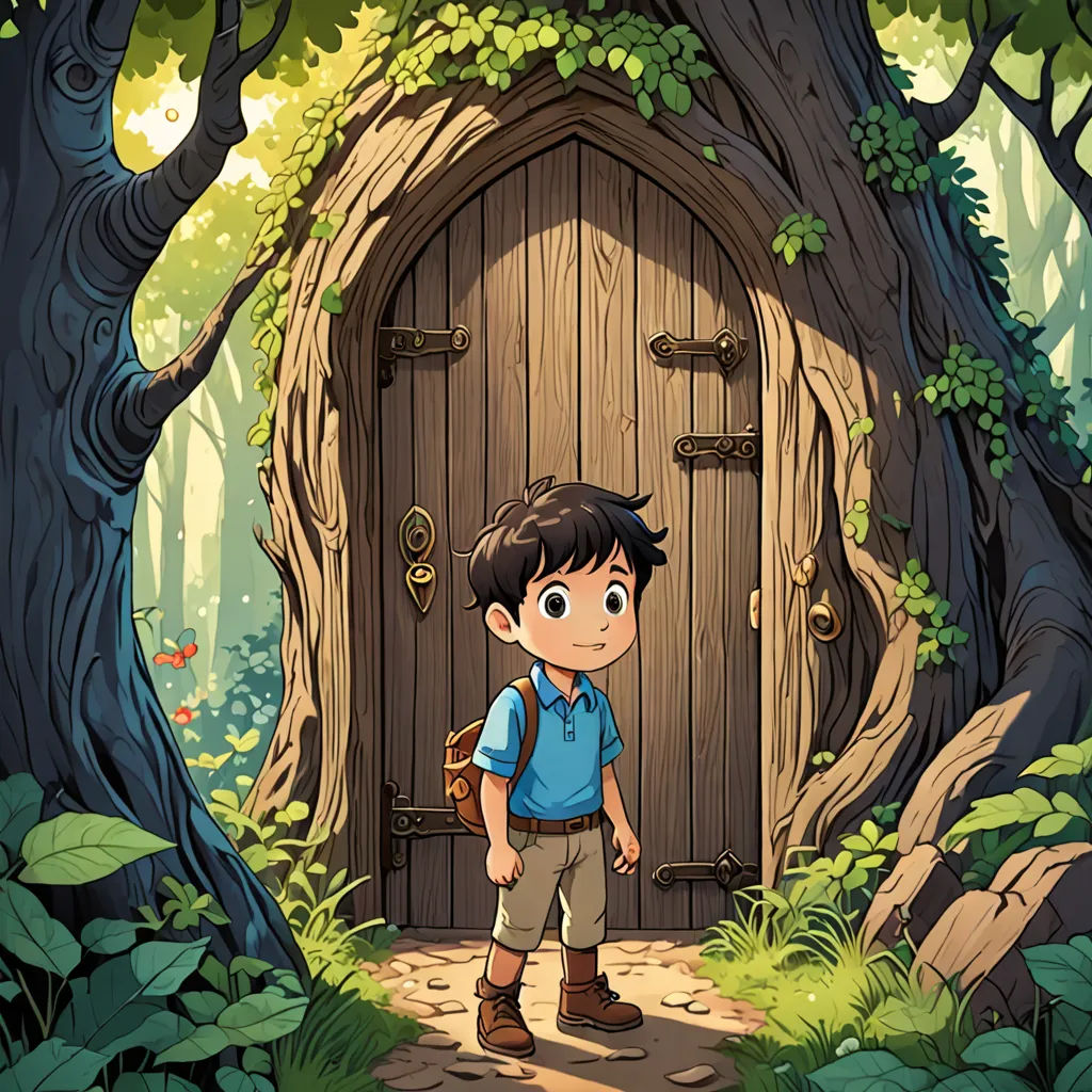 a boy standing in front of a door in a forest with a tree trunk and a bag on his shoulder, fantasy art, a storybook illustration, Diego Gisbert Llorens, storybook illustration