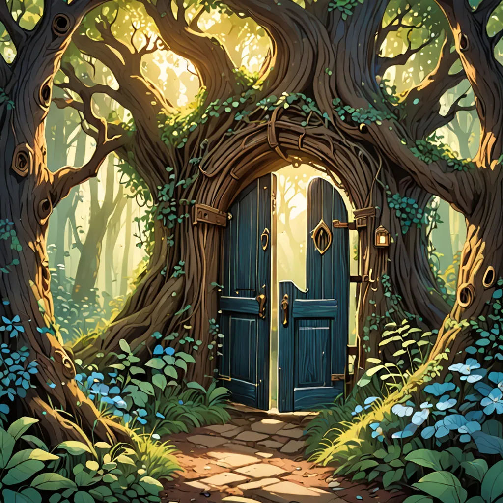 a painting of a door in a tree with a pathway leading to it and a path leading to it, fantasy art, a storybook illustration, Chris LaBrooy, storybook illustration