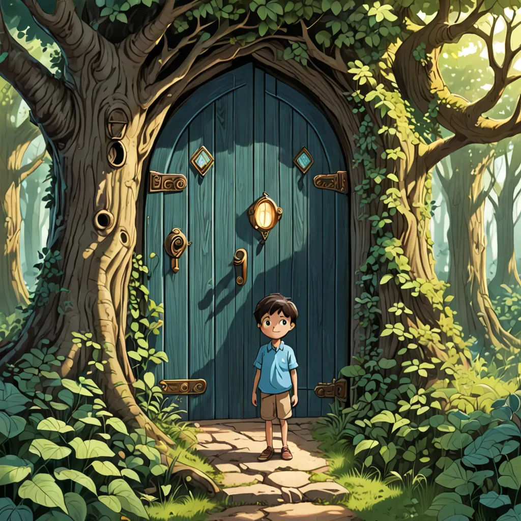 a boy standing in front of a blue door in a forest with a path leading to it and a tree, fantasy art, a storybook illustration, Diego Gisbert Llorens, storybook illustration