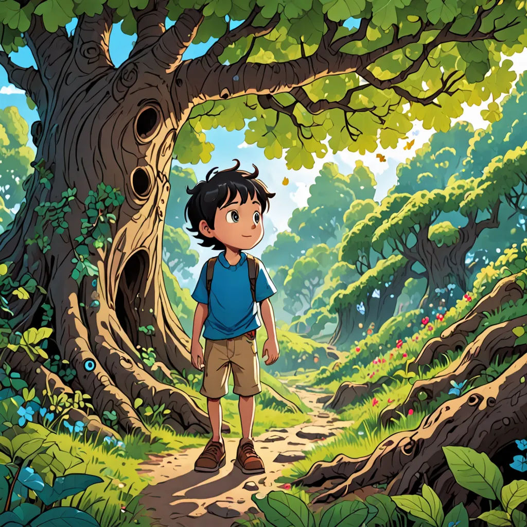 a boy standing in the middle of a forest with a tree in the background and a bird in the sky, environmental art, a storybook illustration, Cliff Childs, storybook illustration