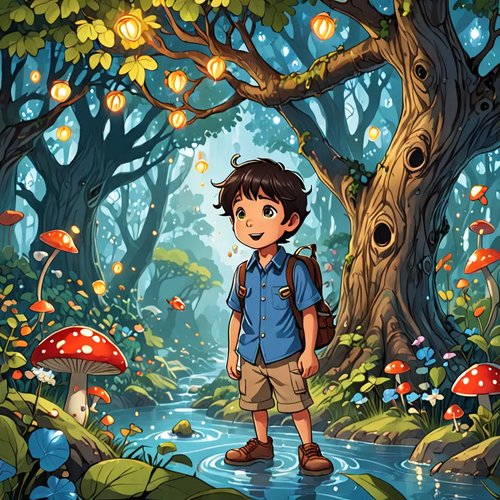 a boy standing in a forest with a backpack and a river in front of him and a tree with lights, fantasy art, a storybook illustration, Diego Gisbert Llorens, rossdraws global illumination