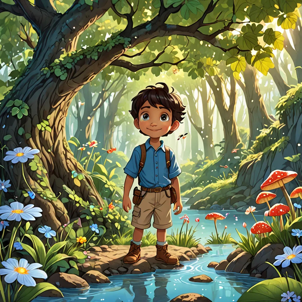 a boy standing in the middle of a forest with a river running through it and mushrooms growing on the ground, fantasy art, a storybook illustration, Diego Gisbert Llorens, rossdraws global illumination