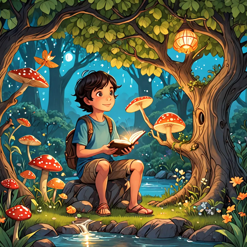 a boy sitting on a rock reading a book in the forest with mushrooms and a stream in the foreground, fantasy art, a storybook illustration, Diego Gisbert Llorens, storybook illustration