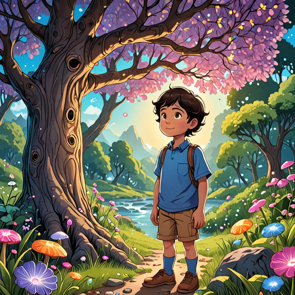 a boy standing in a forest with a tree and flowers around him and a river running through it with a lot of flowers, fantasy art, a storybook illustration, Cliff Childs, rossdraws global illumination
