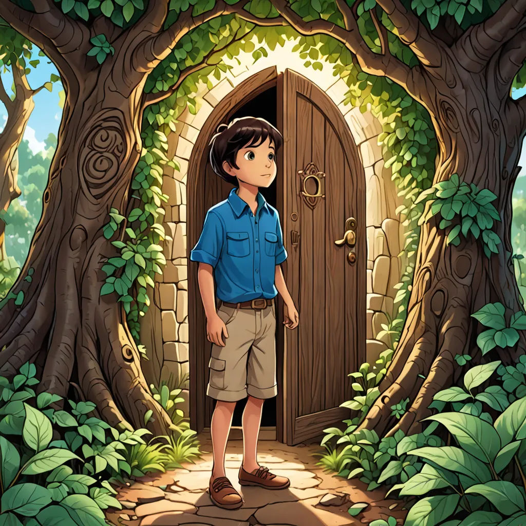 a boy standing in front of a doorway in a forest with a tree trunk and a door to another world, fantasy art, a storybook illustration, Cliff Childs, storybook illustration