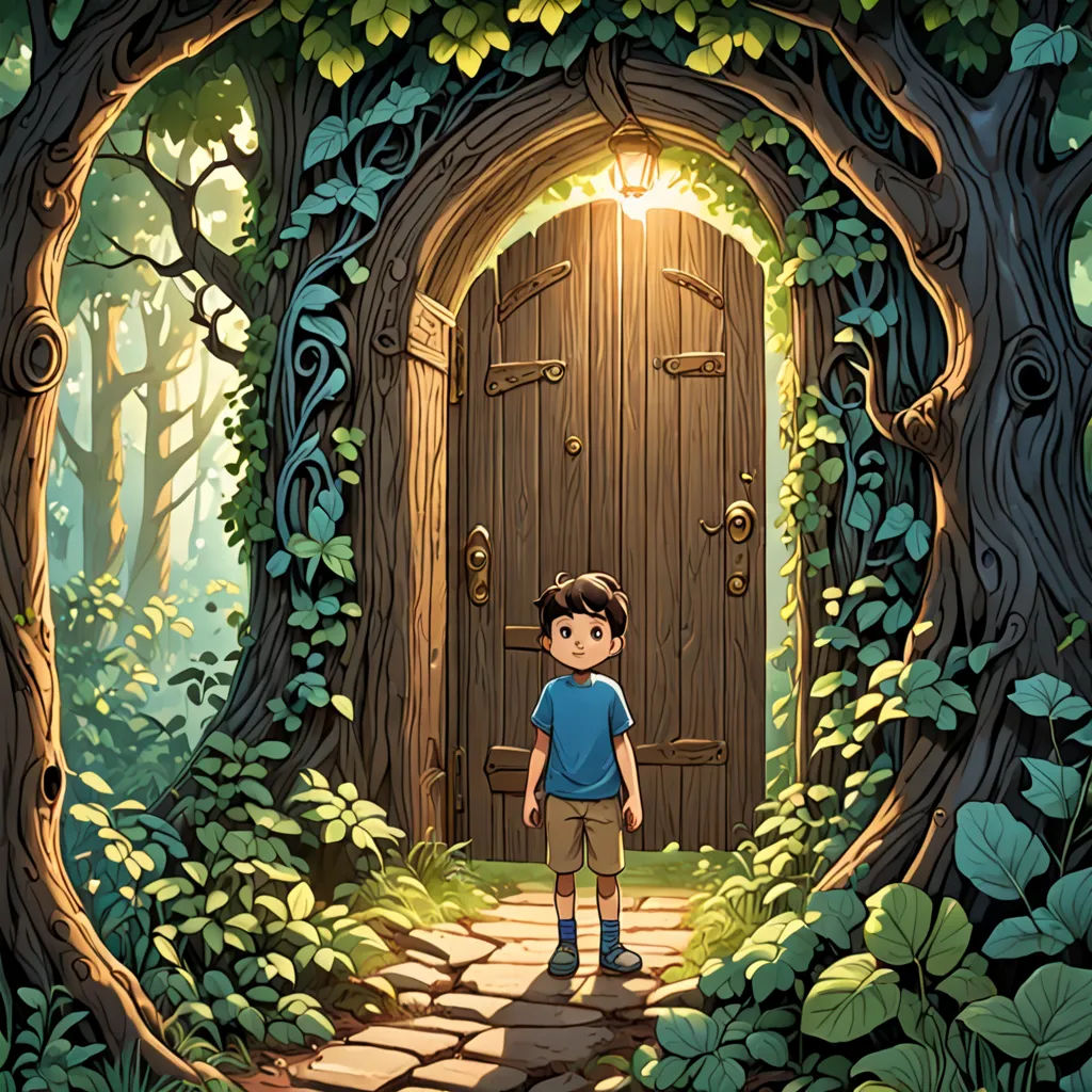 a boy standing in front of a door in a forest with a path leading to it and a tree trunk, fantasy art, a storybook illustration, Aaron Jasinski, rossdraws global illumination