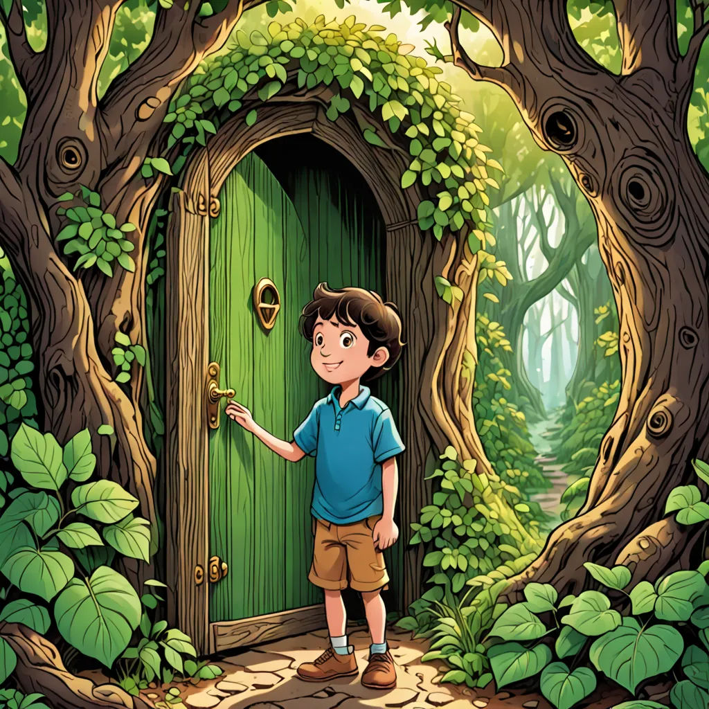 a boy standing in front of a green door in a forest with trees and leaves on it, with a path leading to it, fantasy art, a storybook illustration, Cliff Childs, storybook illustration