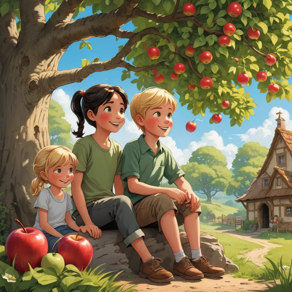 a painting of a family sitting on a rock under a tree with apples in the background and a house in the background, american scene painting, a storybook illustration, Brothers Hildebrandt, storybook illustration