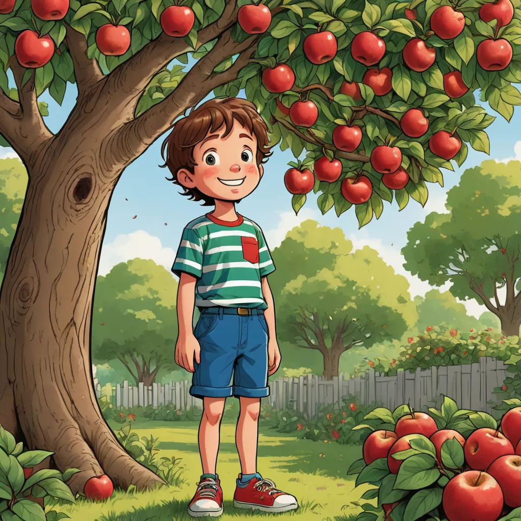 a boy standing under a tree in a garden with apples on it's branches and a fence in the background, lyco art, a storybook illustration, Cliff Childs, storybook illustration