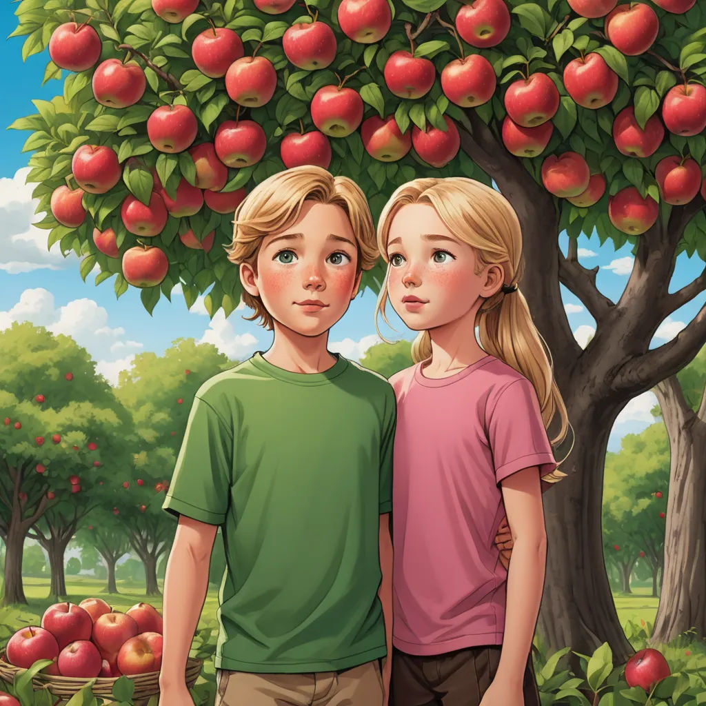 a boy and a girl standing under a tree with apples on it's branches in a park with a blue sky, precisionism, a storybook illustration, Brothers Hildebrandt, storybook illustration