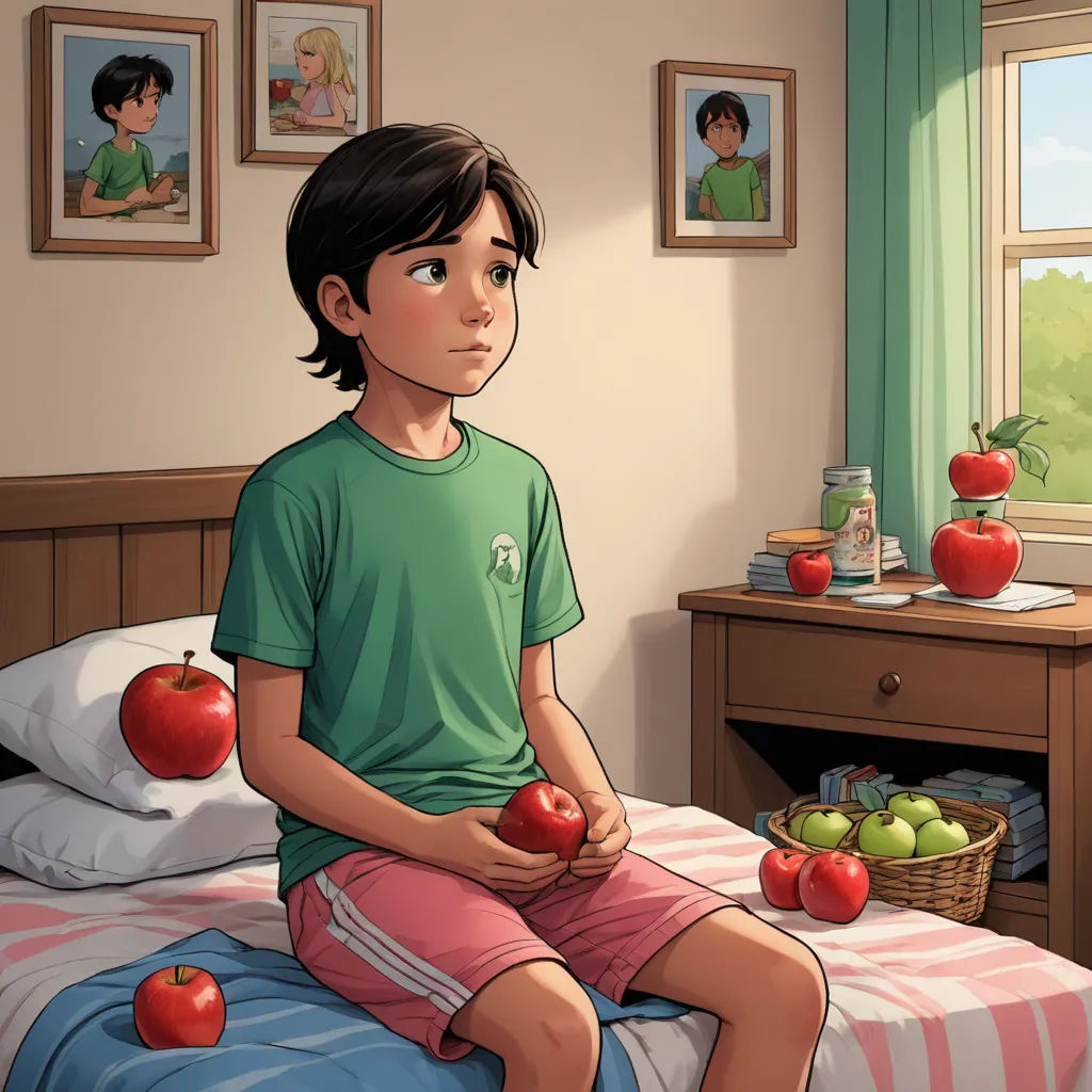 a boy sitting on a bed with apples and a basket of apples in front of him, in a bedroom with a window, american realism, a storybook illustration, Aaron Jasinski, graphic novel