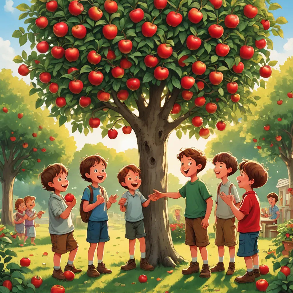 a group of children standing around a tree with apples on it and one boy handing them a piece of fruit, excessivism, a storybook illustration, Brothers Hildebrandt, storybook illustration