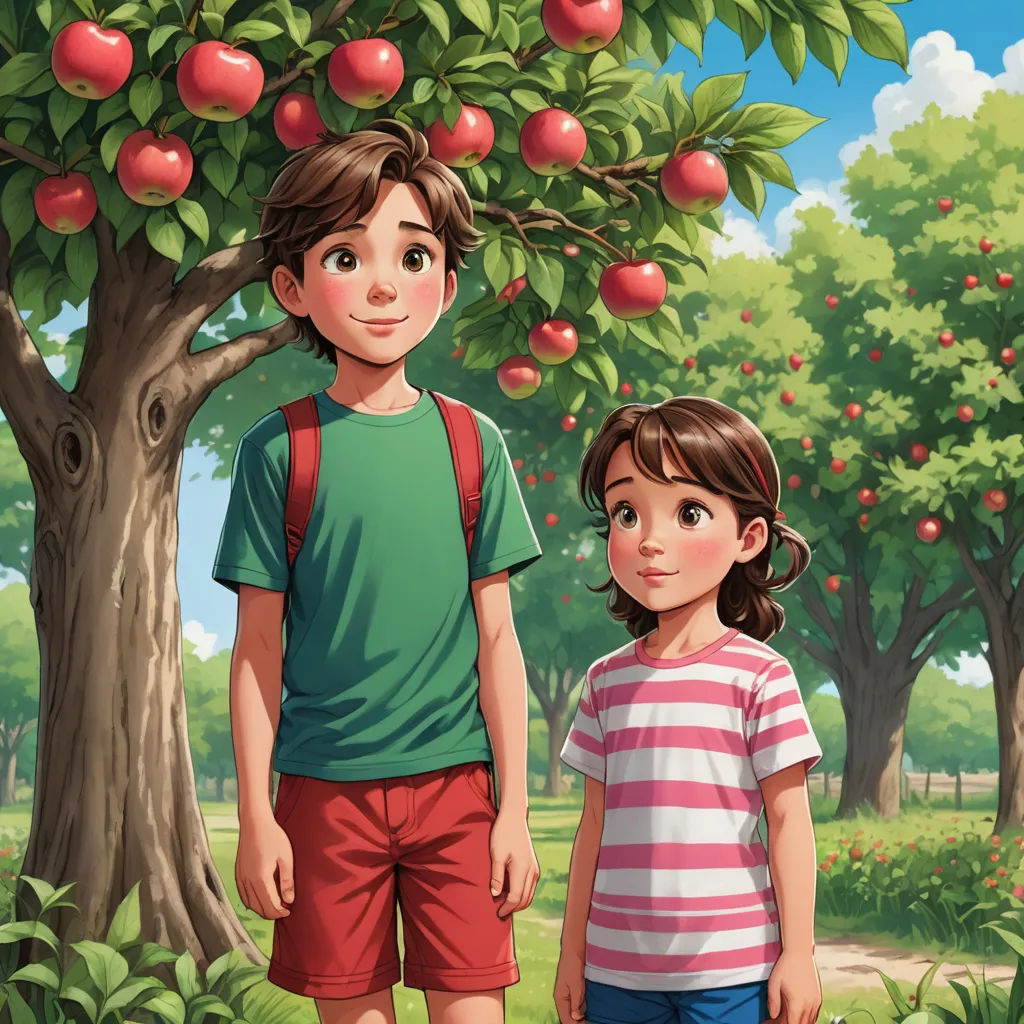 a boy and a girl standing under a tree in a park with apples on it's branches and a field of grass and trees, american scene painting, a storybook illustration, Brothers Hildebrandt, storybook illustration