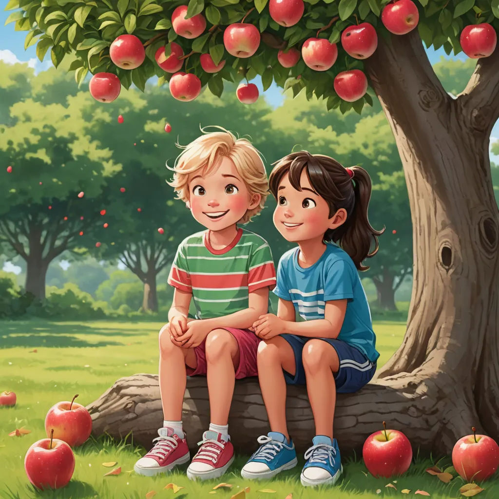 a painting of two children sitting on a tree branch in a park with apples in the background and a tree with leaves and branches, american scene painting, a storybook illustration, Brothers Hildebrandt, storybook illustration
