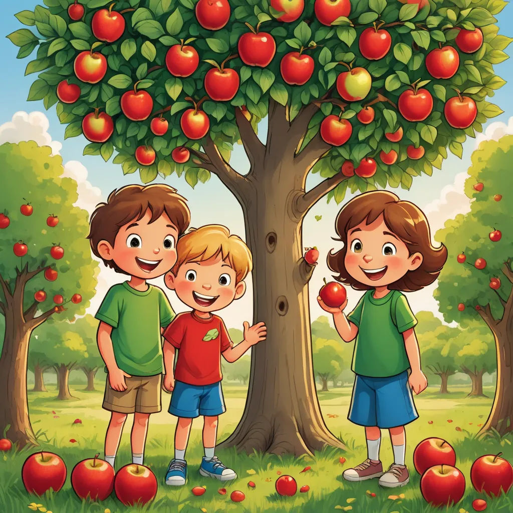 a group of kids standing under a tree with apples on it in a field of grass and trees with red apples, lyco art, a storybook illustration, Andries Stock, storybook illustration