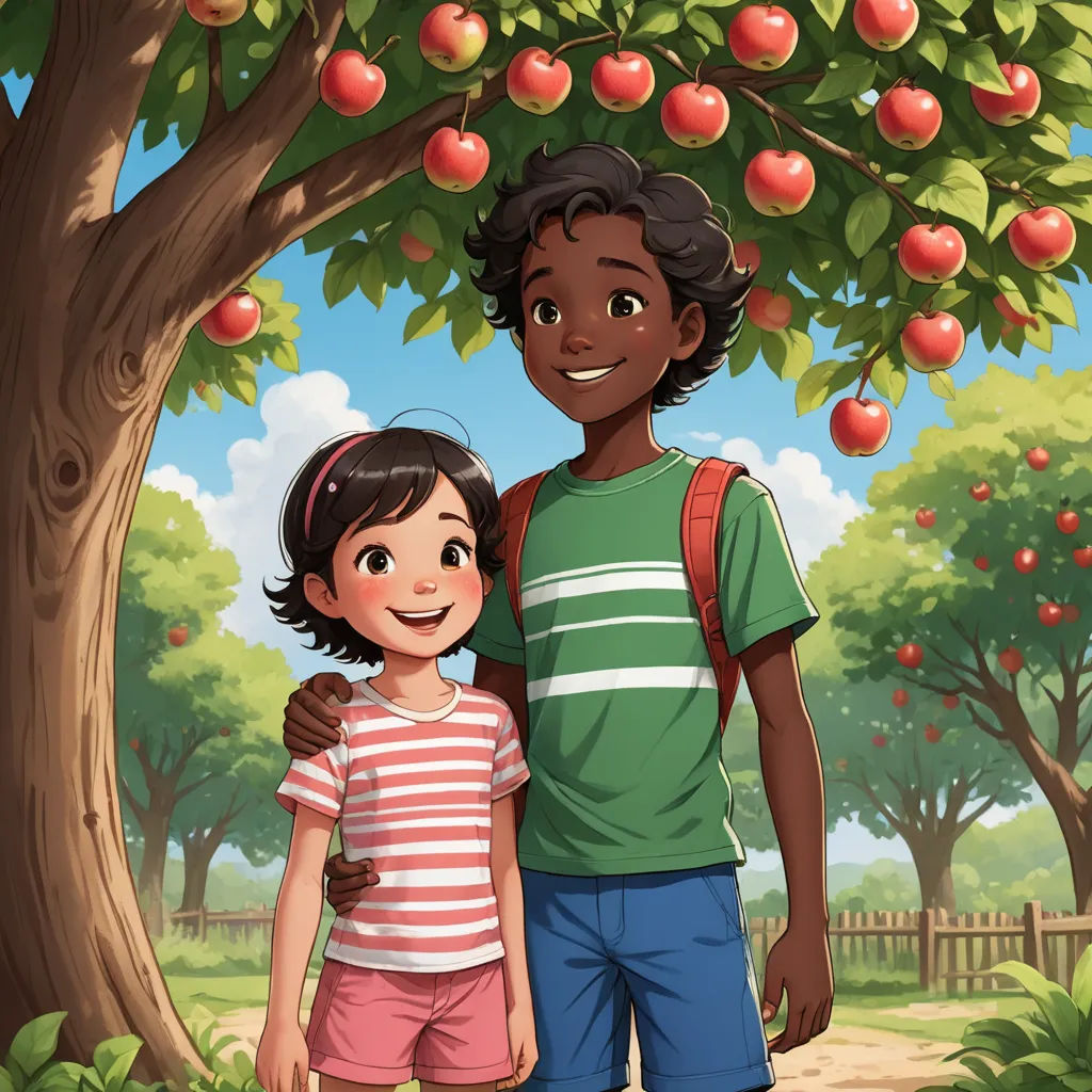 a boy and girl standing under a tree with apples on it in a park illustration by alex krawc, american scene painting, a storybook illustration, Ella Guru, storybook illustration
