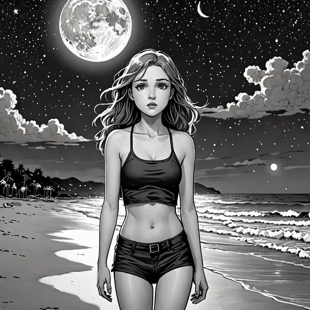 a girl in a bikini walking on the beach at night with the moon in the background and stars in the sky, Apollonia Saintclair, figurative art, a comic book panel, comic cover art