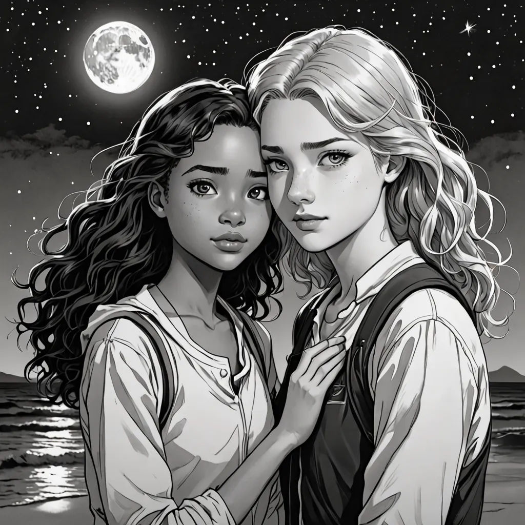 two girls standing next to each other under a night sky with stars and moon in the background, one of them is hugging the other, Charlie Bowater, serial art, a black and white photo, comic cover art